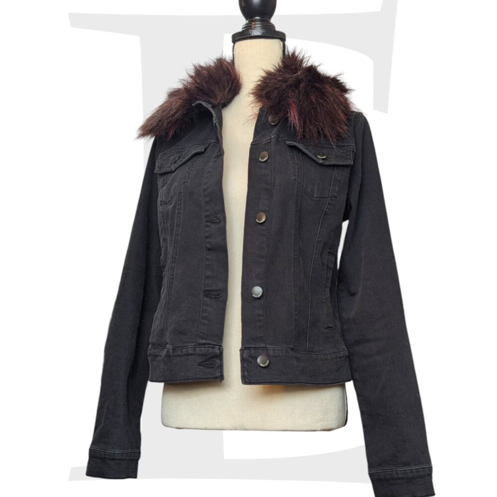 Max Jeans Black Denim Jacket with Removable Fur Collar